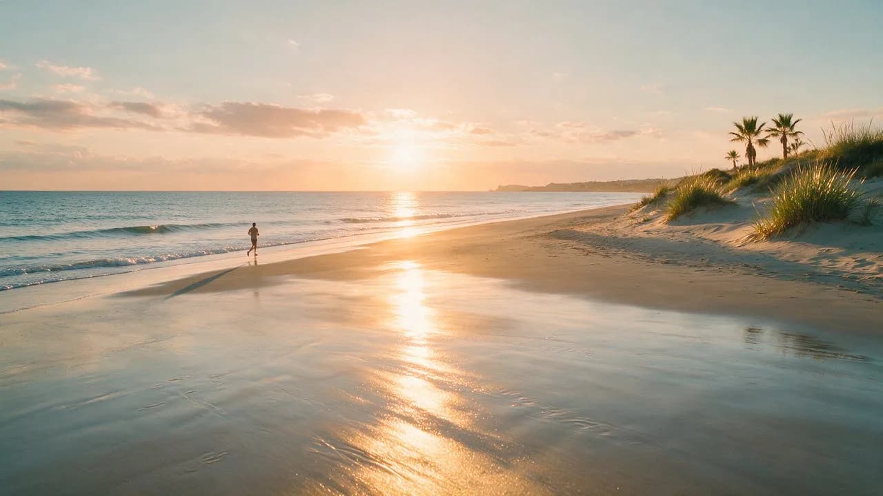 Un corredor en una amplia playa de arena de la Costa Blanca al amanecer