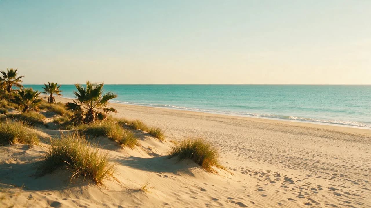 Dunas de arena y palmeras junto al mar Mediterráneo turquesa
